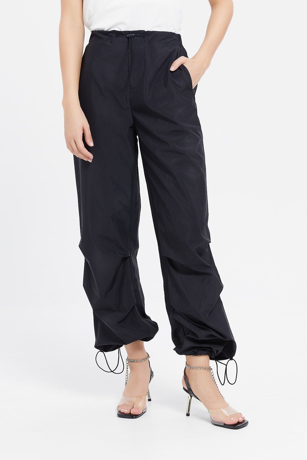 Women Black Drawstring Parachute Pants sold by Redtag