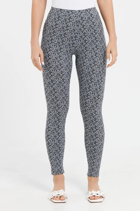 Women Grey And Black Printed Leggings sold by Redtag