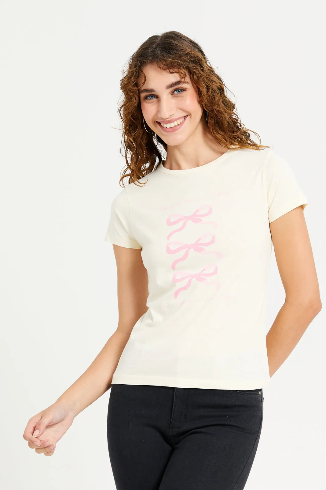 Women Cream Graphic T-Shirt sold by Redtag