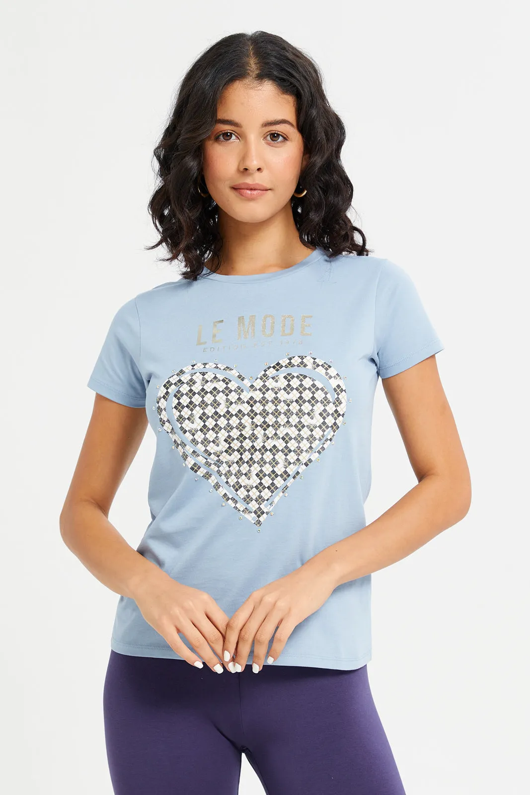 Women Blue Le Mode Embellished T-Shirt sold by Redtag