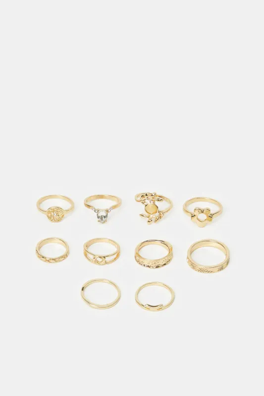Women Gold Embellished Ring Set (10 Piece) sold by Redtag