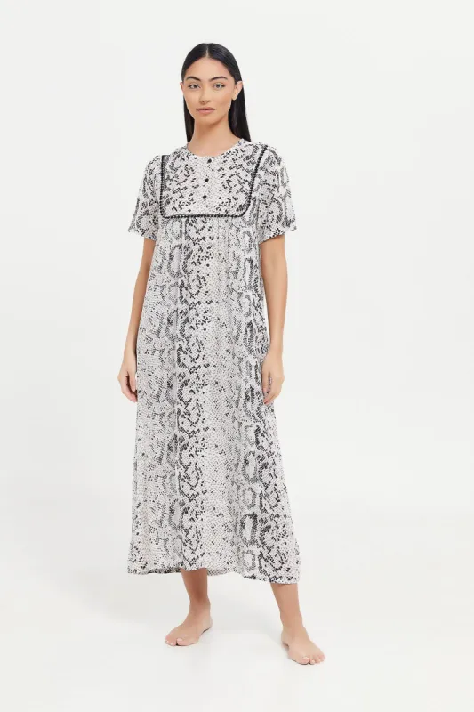 Women White Printed Short Sleeves Nightgown sold by Redtag