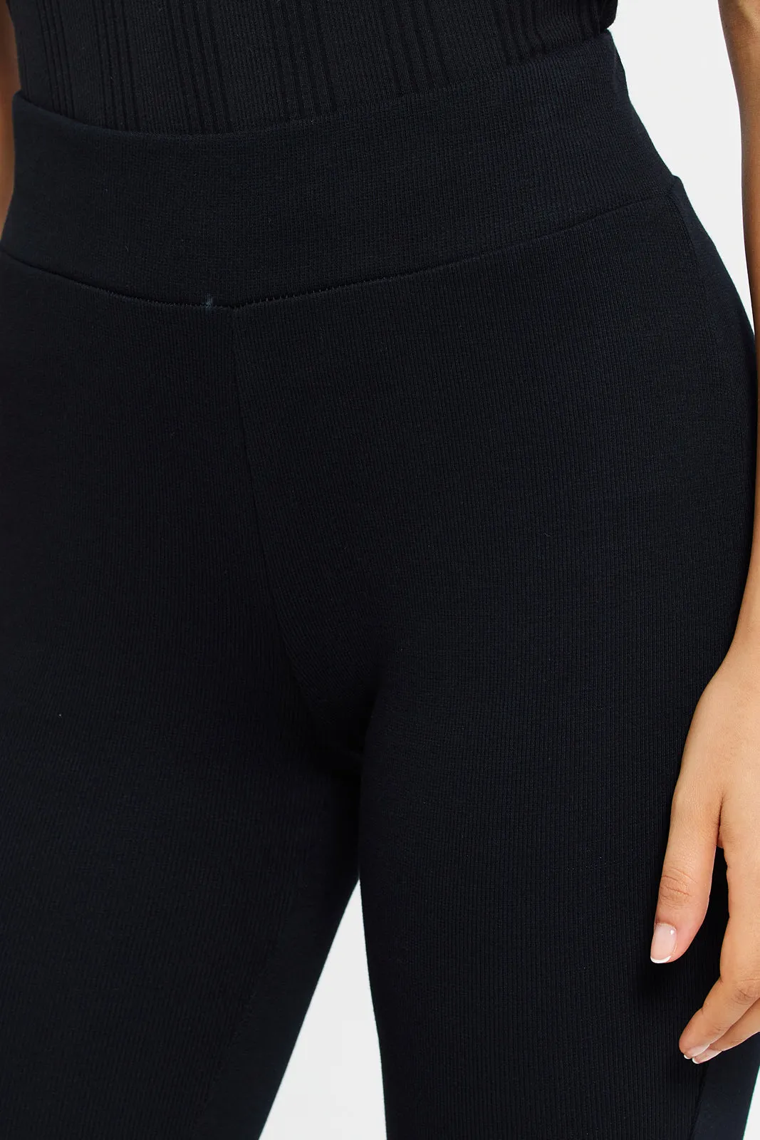 Women Black Ribbed Flare Leggings sold by Redtag product image thumbnail 4