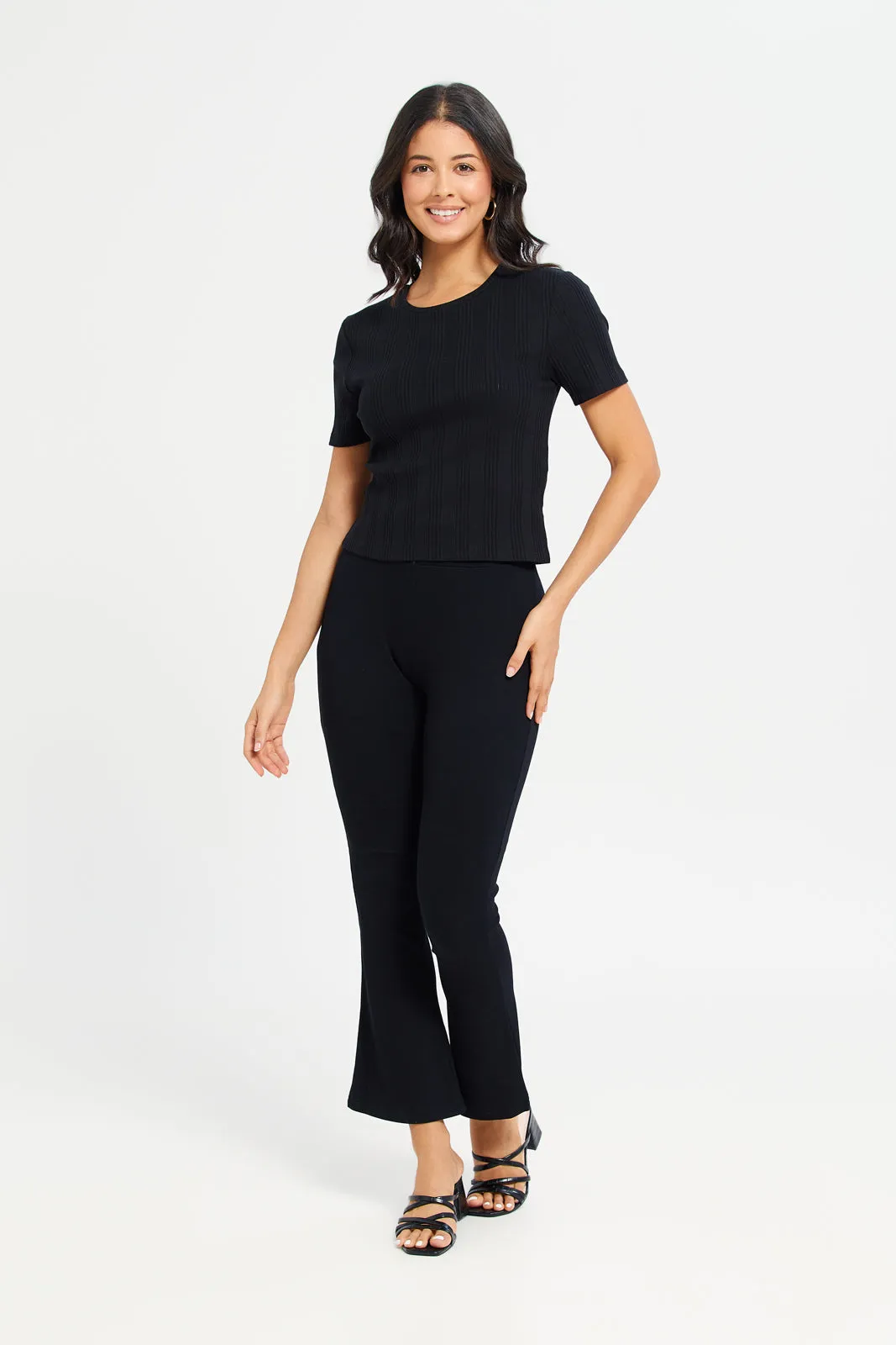 Women Black Ribbed Flare Leggings sold by Redtag product image thumbnail 2