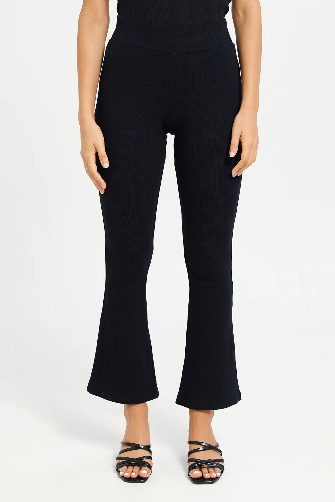 Women Black Ribbed Flare Leggings sold by Redtag