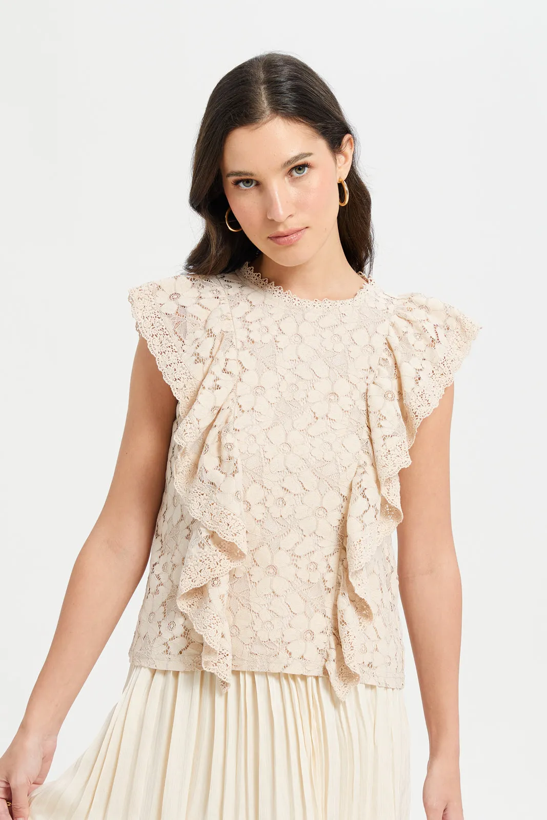 Women Cream Flounce Detailed Lace Top sold by Redtag
