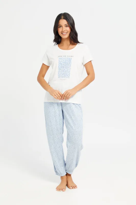 Women White And Blue T-Shirt And Pants Pyjama Set (2 Piece) sold by Redtag