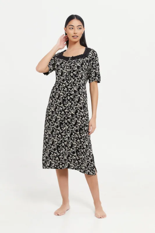 Women Black Floral Print Nightgown sold by Redtag