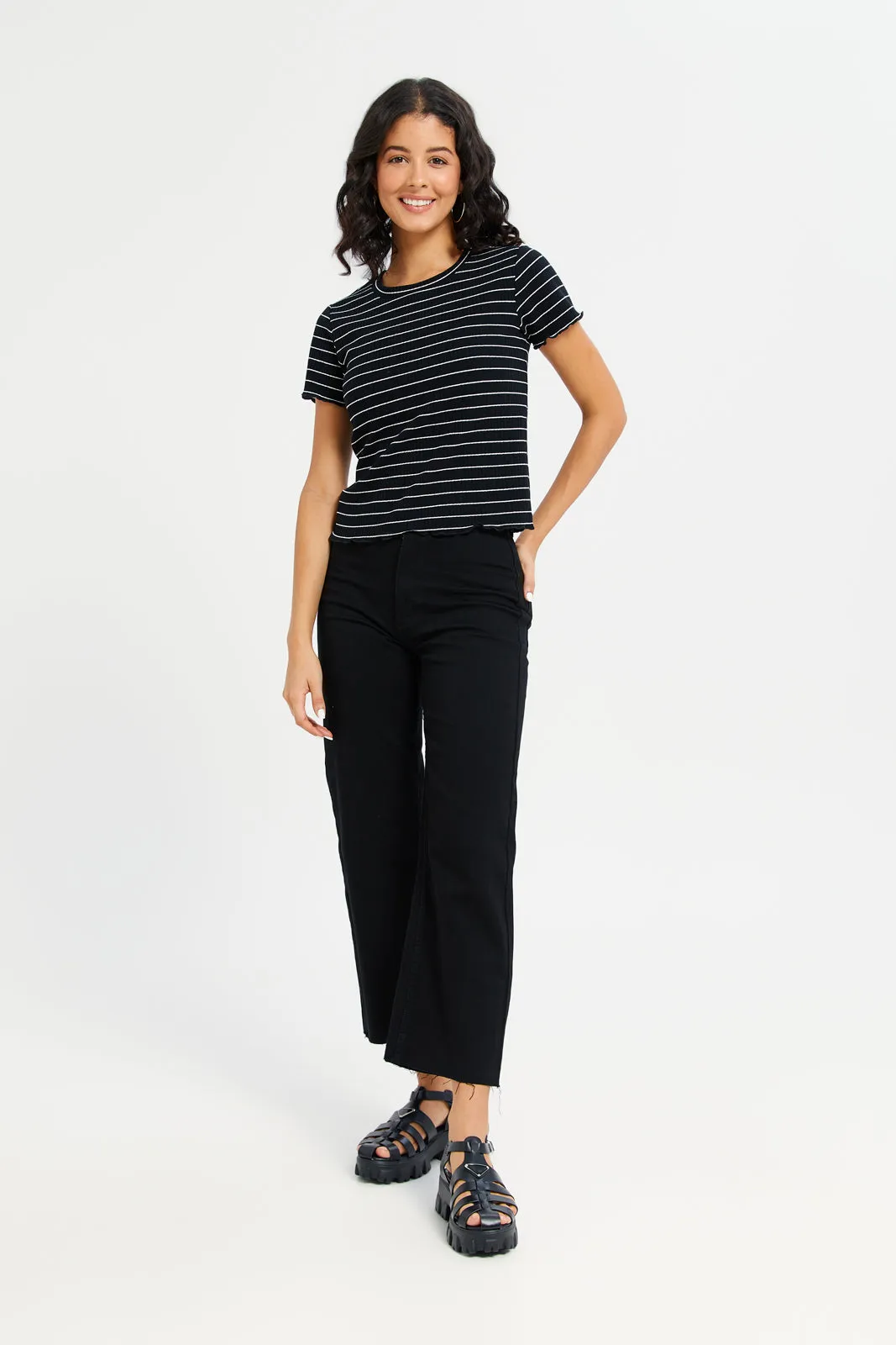 Women Black Stripe Rib T-Shirt sold by Redtag product image thumbnail 2