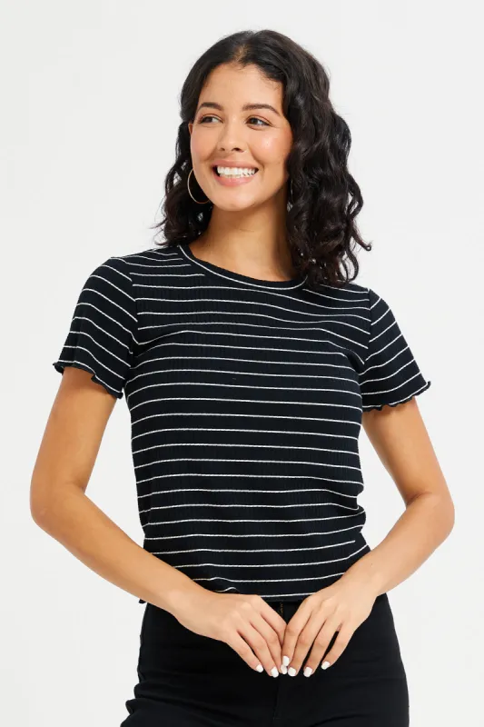 Women Black Stripe Rib T-Shirt sold by Redtag