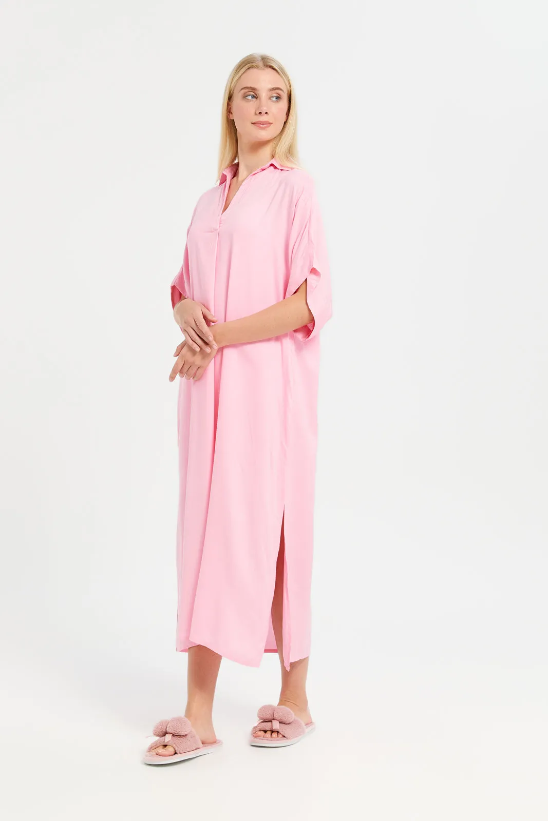 Women Pink Solid Collared Nightgown sold by Redtag product image thumbnail 4