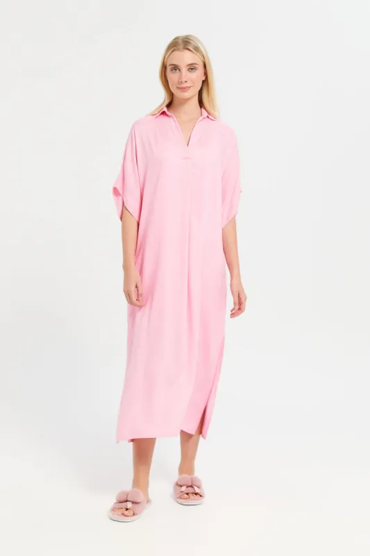 Women Pink Solid Collared  Nightgown sold by Redtag