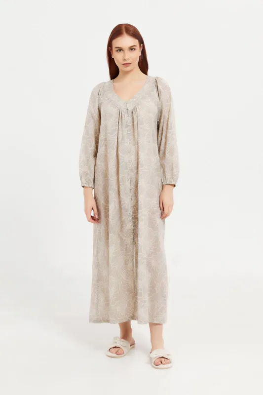 Women Beige Printed Long Sleeves Nightgown sold by Redtag