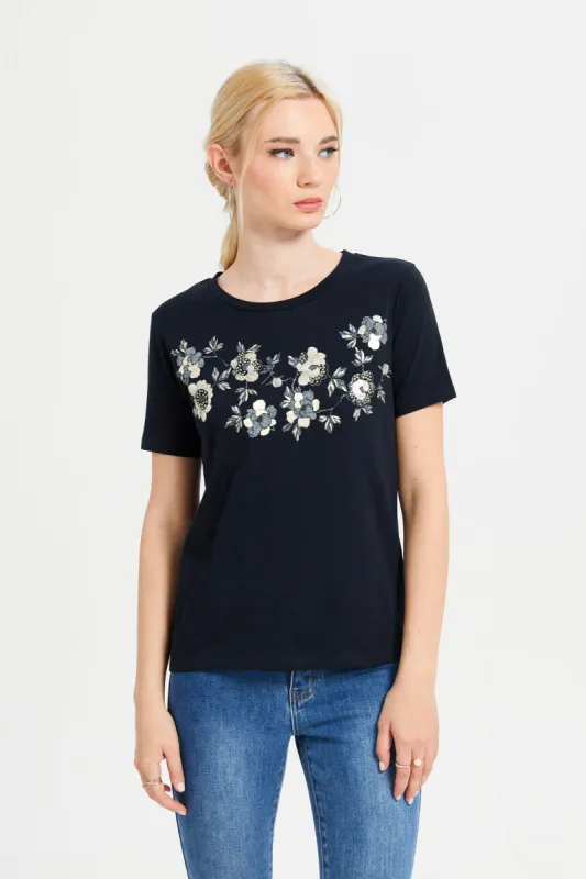 Women Black Embellished T-Shirt sold by Redtag