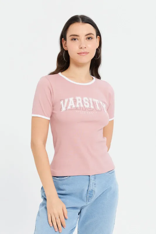 Women Mauve Rib Contrast T-Shirt sold by Redtag