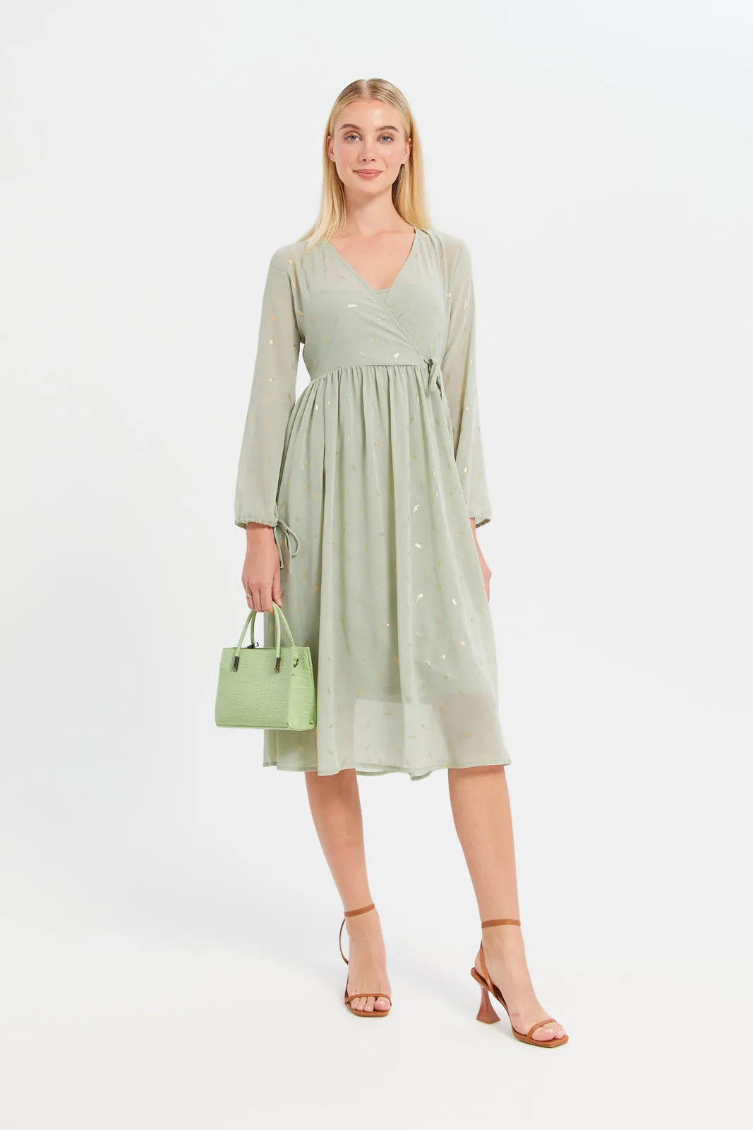 Women Ivory Foil Printed Flared Sleeves Dress sold by Redtag product image thumbnail 4