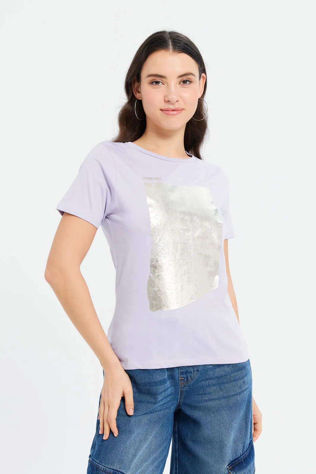 Women Lilac Foil Printed T-Shirt sold by Redtag