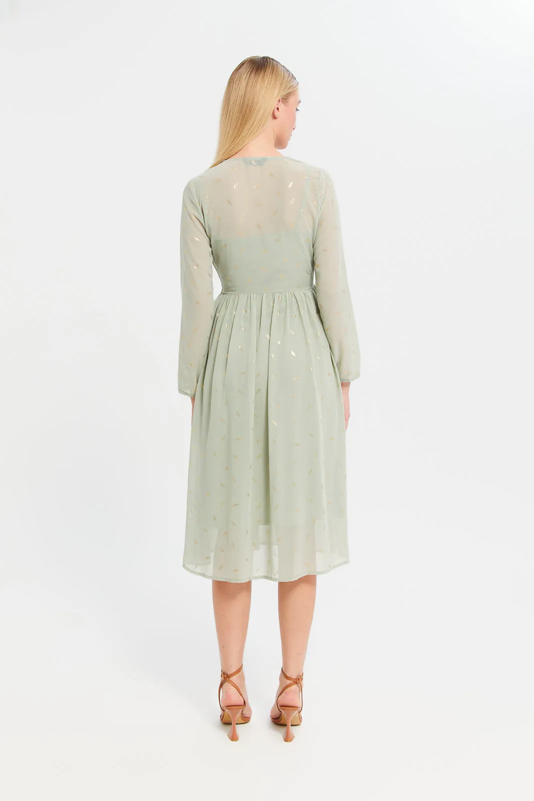 Women Ivory Foil Printed Flared Sleeves Dress sold by Redtag product image thumbnail 3