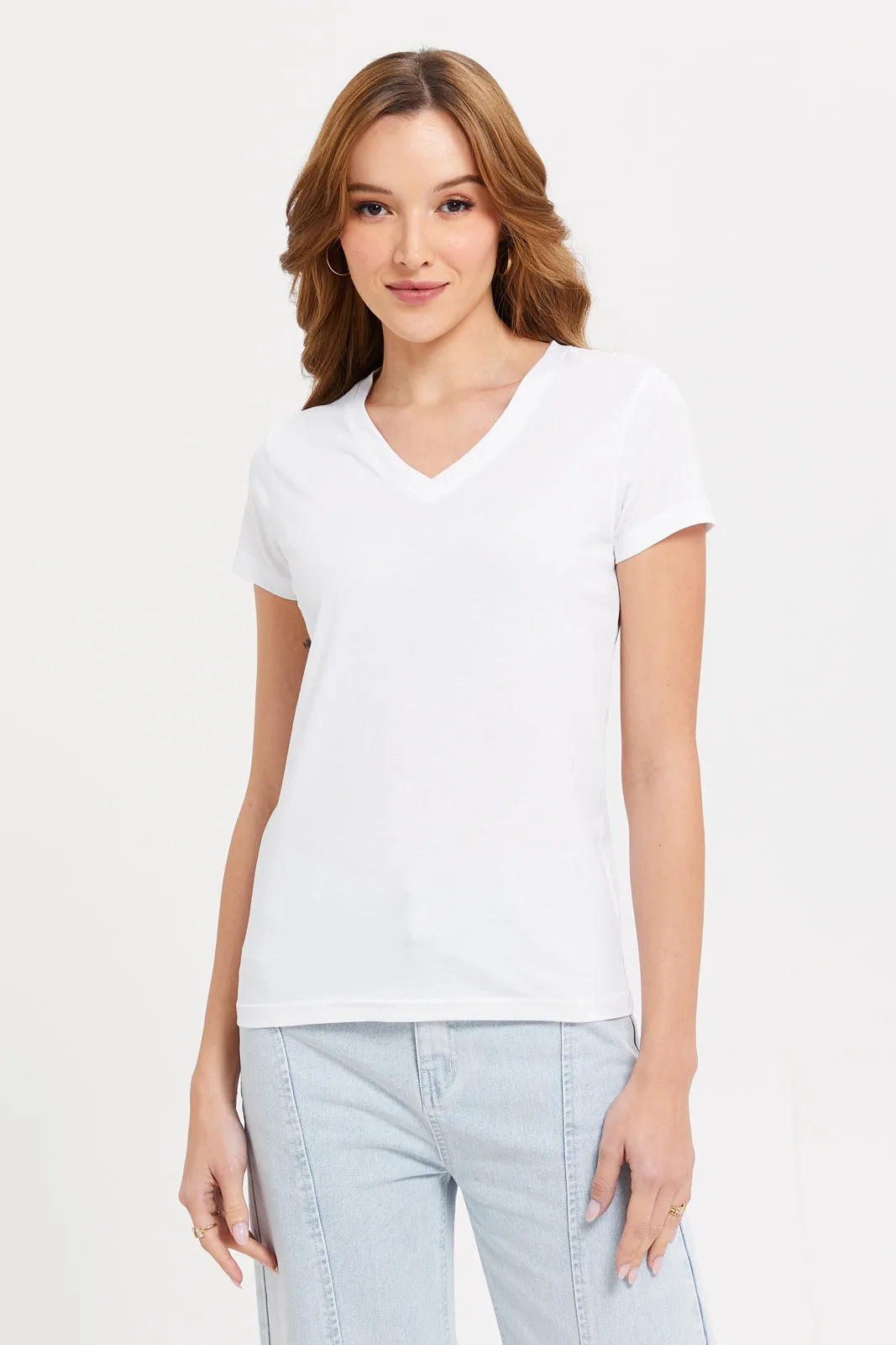 White Short Sleeve V- Neck T-Shirt sold by Redtag
