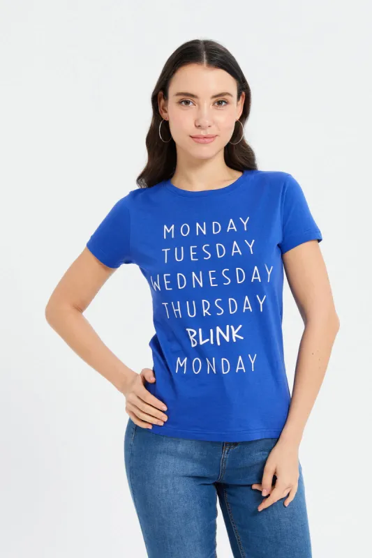 Women Blue Round Neck printed T-Shirt sold by Redtag