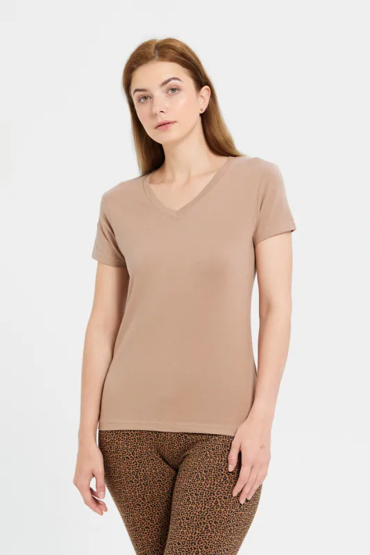 Women Plain Brown Short Sleeve V- Neck T-Shirt sold by Redtag