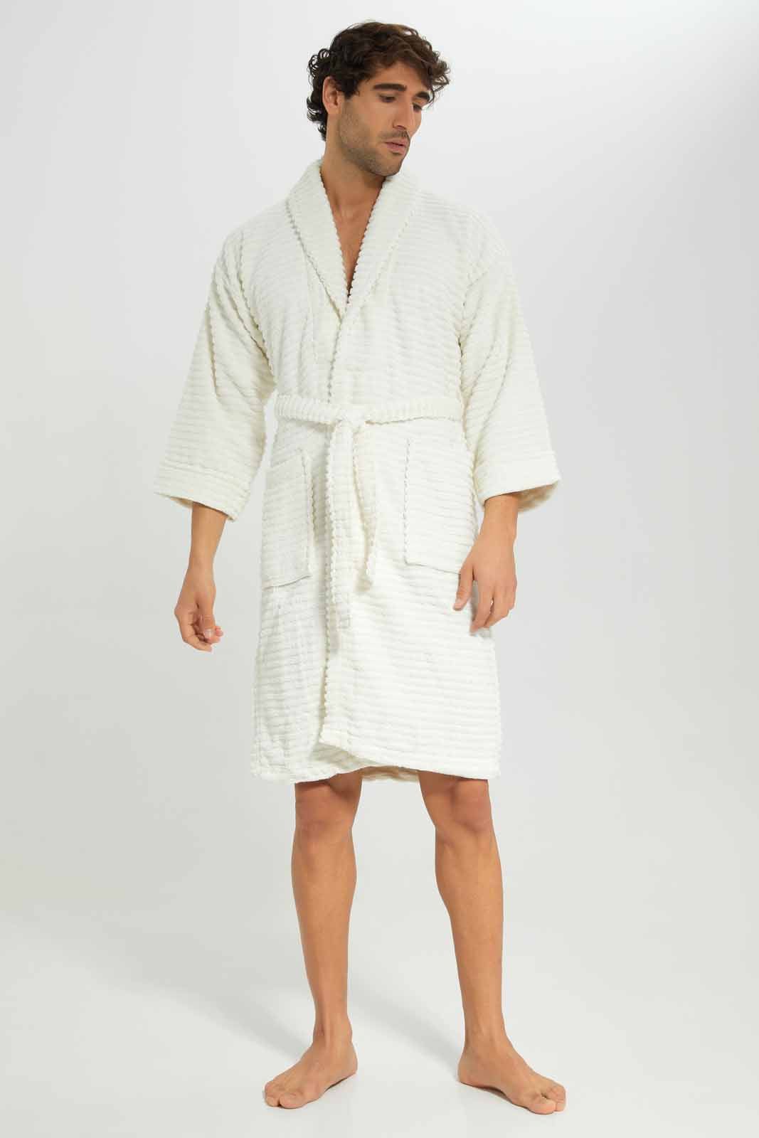 Men Cream Ribbed Bathrobe sold by Redtag
