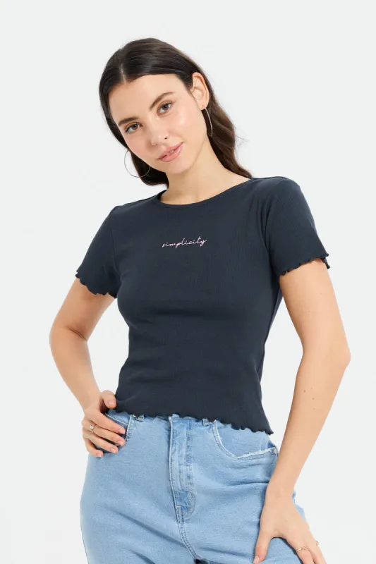 Women Charcoal Printed Rib T-Shirt sold by Redtag