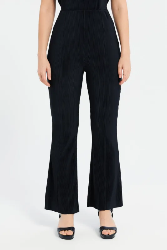 Women Black Plisse Wide Leg Trouser sold by Redtag