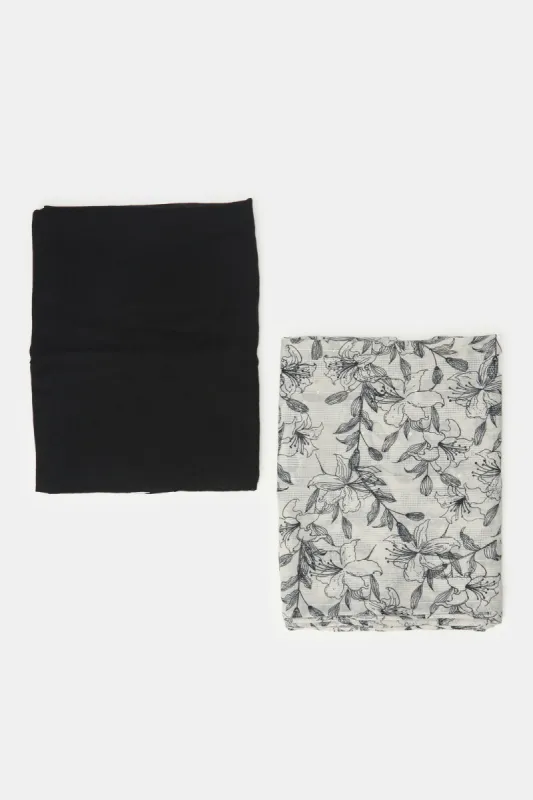 Women Black And Grey Solid And Printed Pashmina Scarf (Pack of 2) sold by Redtag