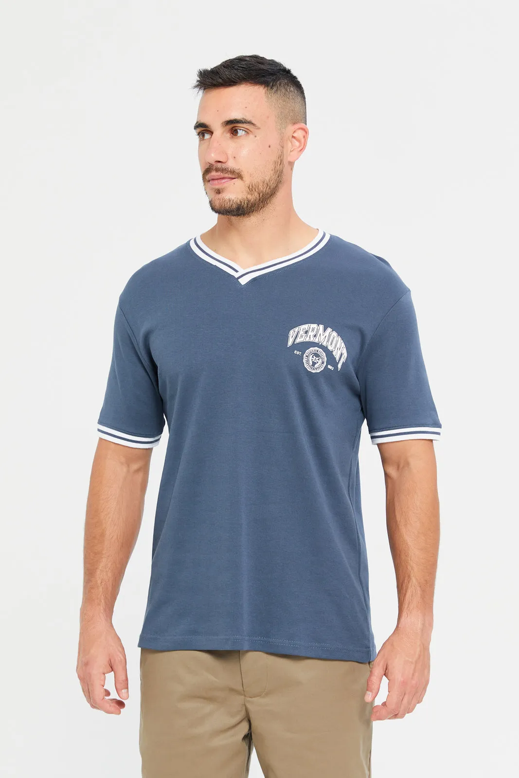 Men Blue Printed Varsity T-Shirt sold by Redtag