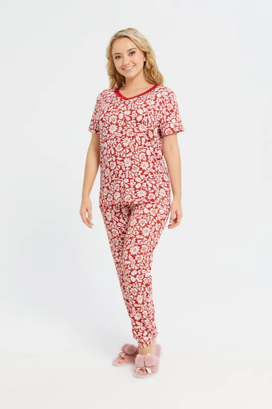 Women Red And White Printed Pyjama Set (2 Piece) sold by Redtag