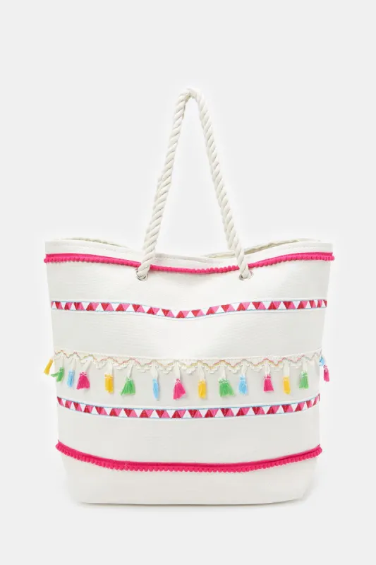 Women White Striped Beach Bag sold by Redtag
