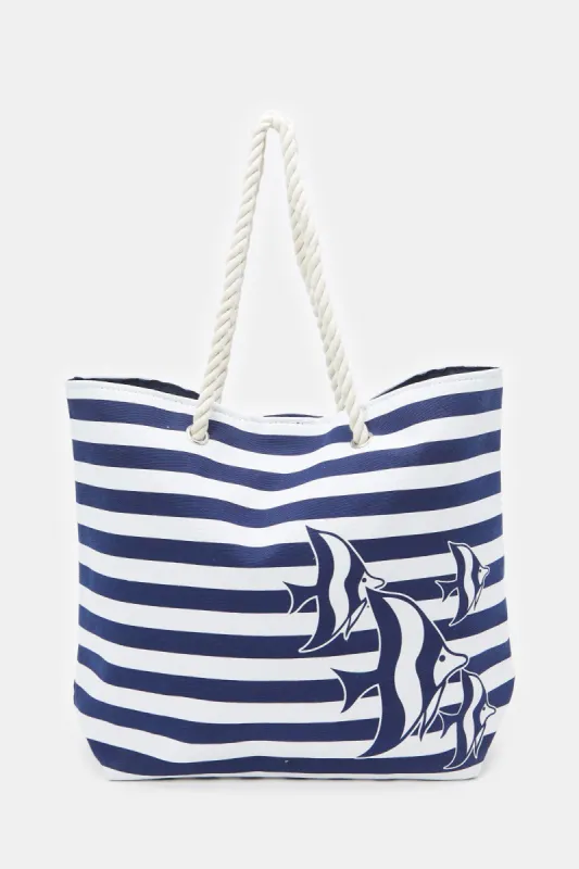 Women Navy And White Striped Beach Bag sold by Redtag