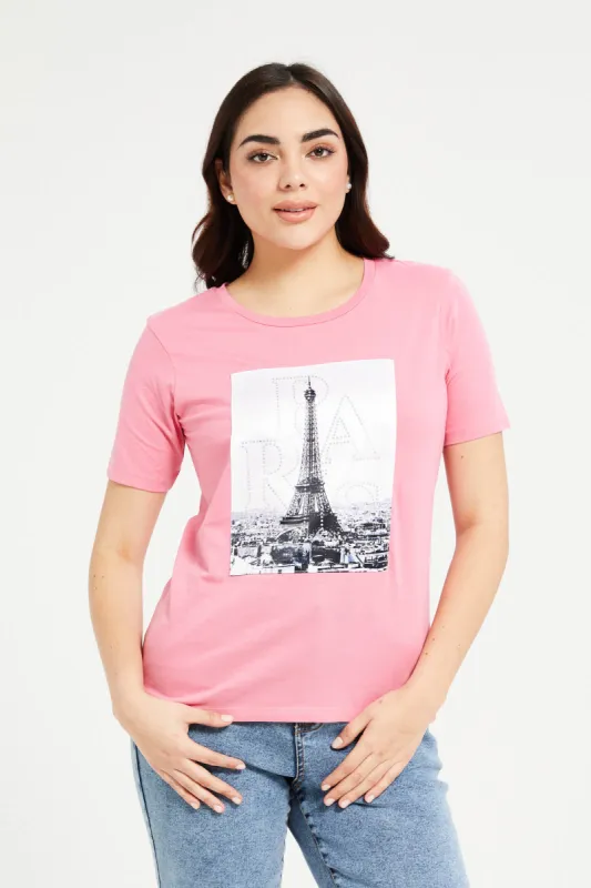 Women Pink Paris Embellished T-Shirt sold by Redtag
