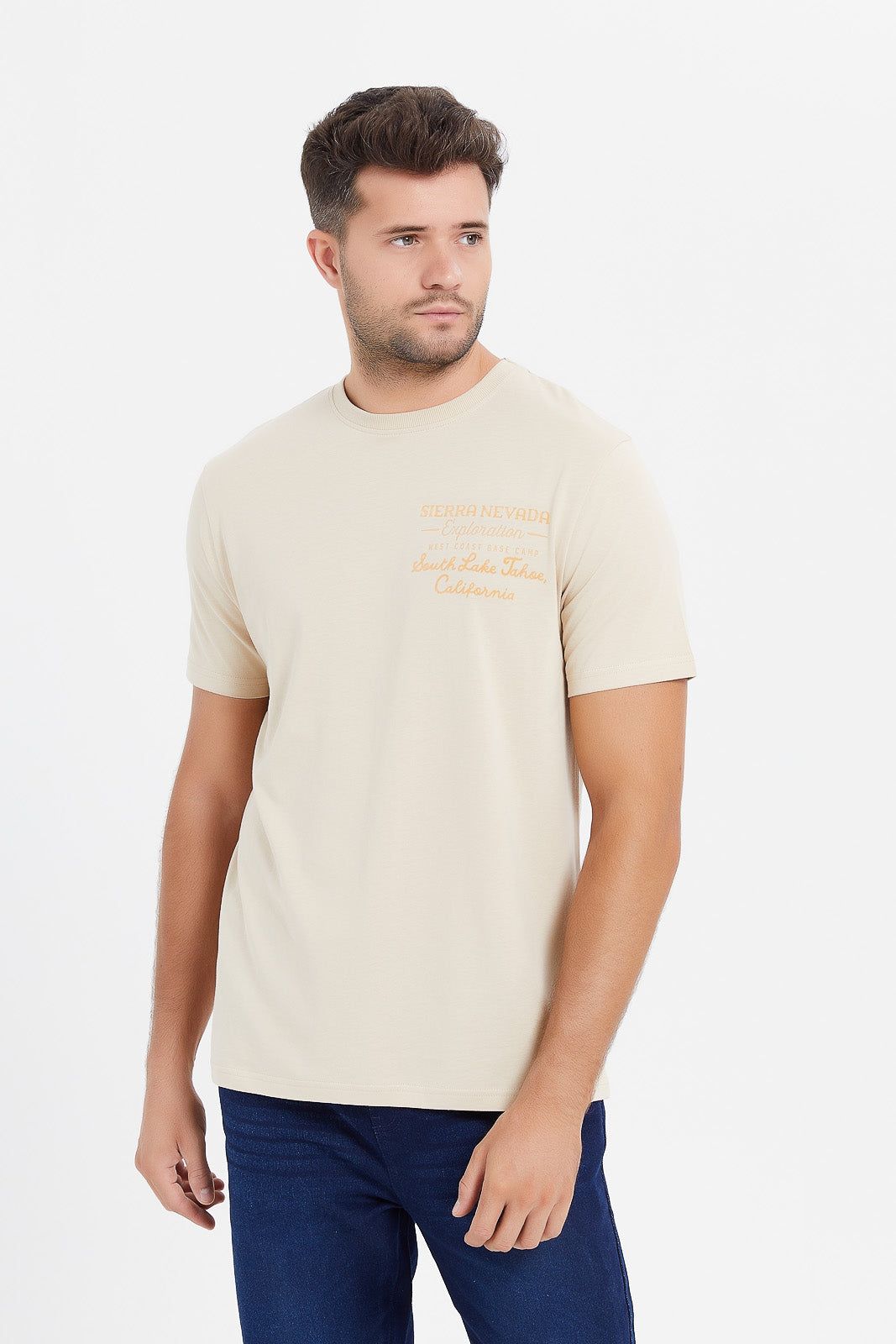 Men Beige Back Print T-Shirt sold by Redtag