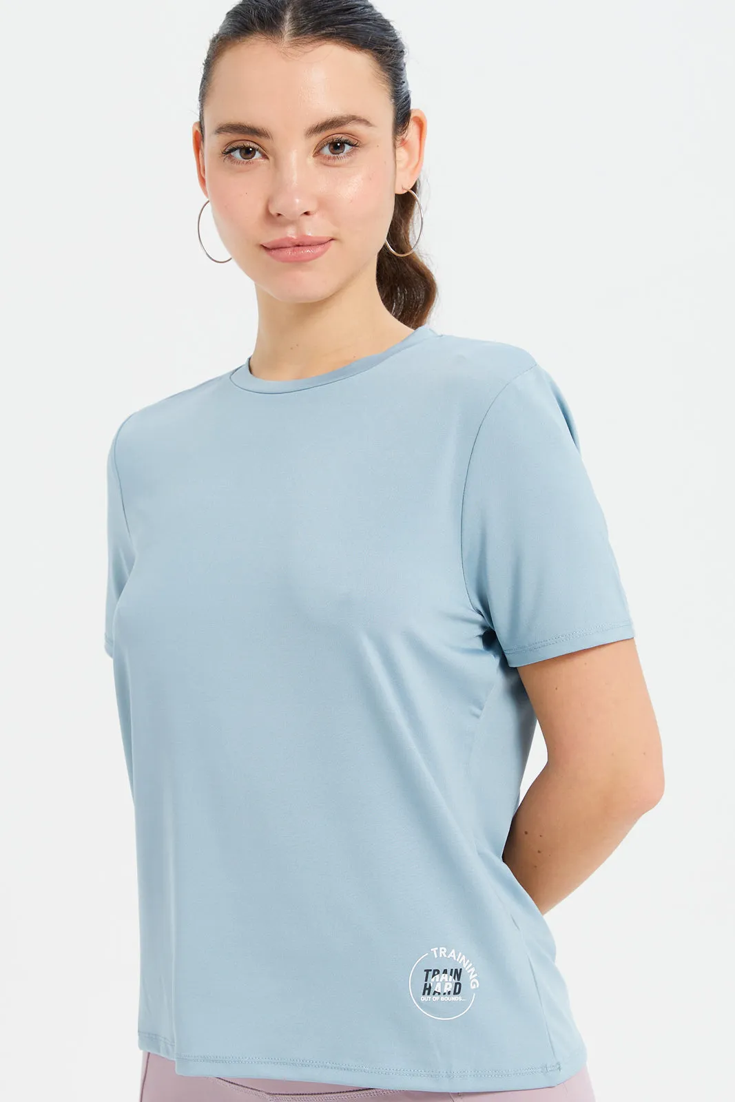 Women Blue Placement Print Performance Active T-Shirt sold by Redtag product image thumbnail 4
