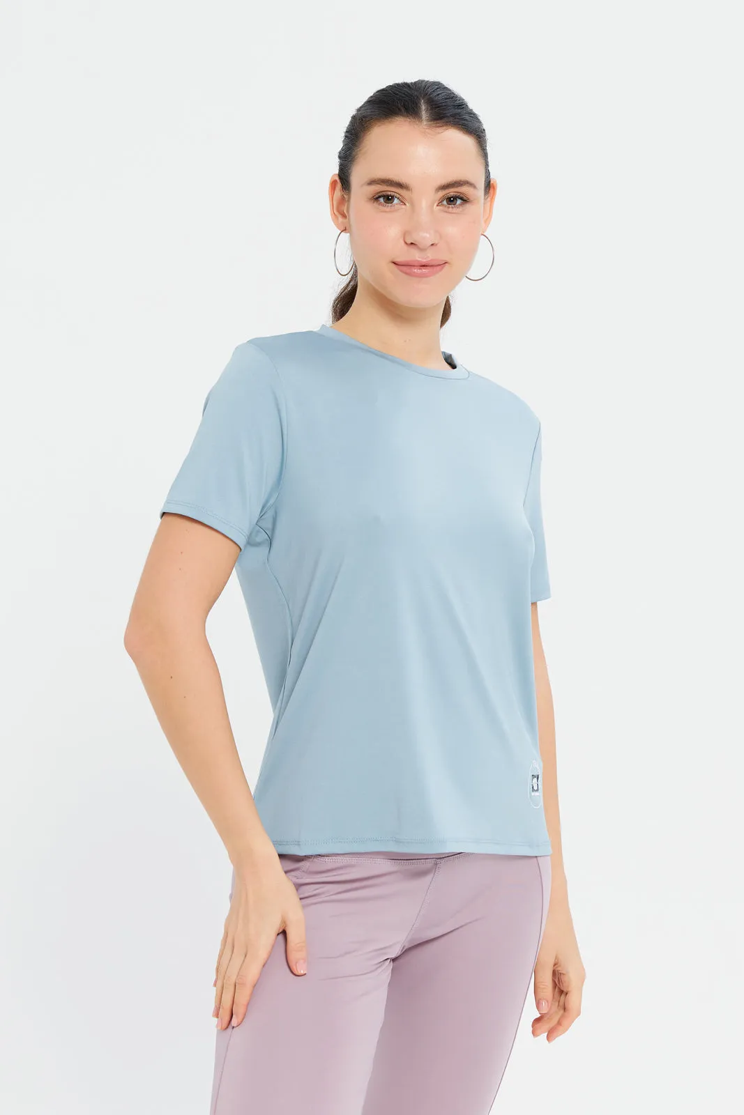 Women Blue Placement Print Performance Active T-Shirt sold by Redtag