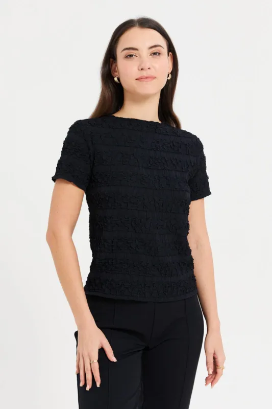 Women Black Textured T-Shirt sold by Redtag