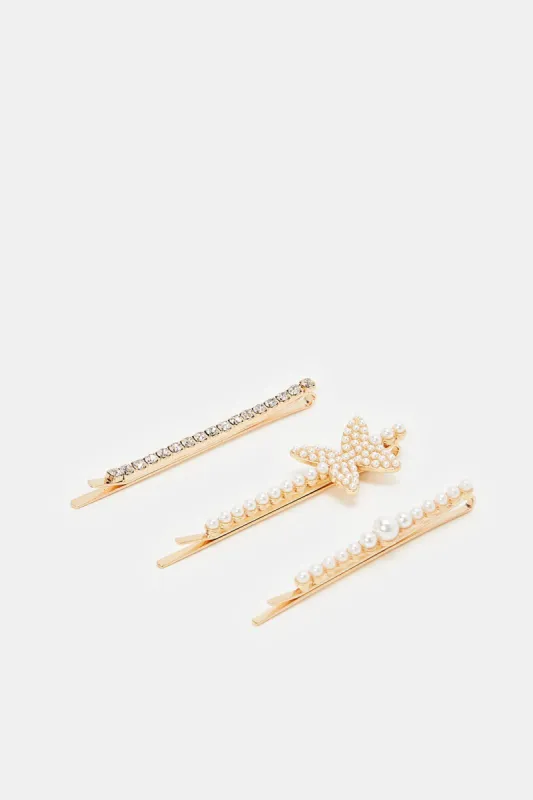 Women Gold Embellished Hair Clips (Pack of 3) sold by Redtag