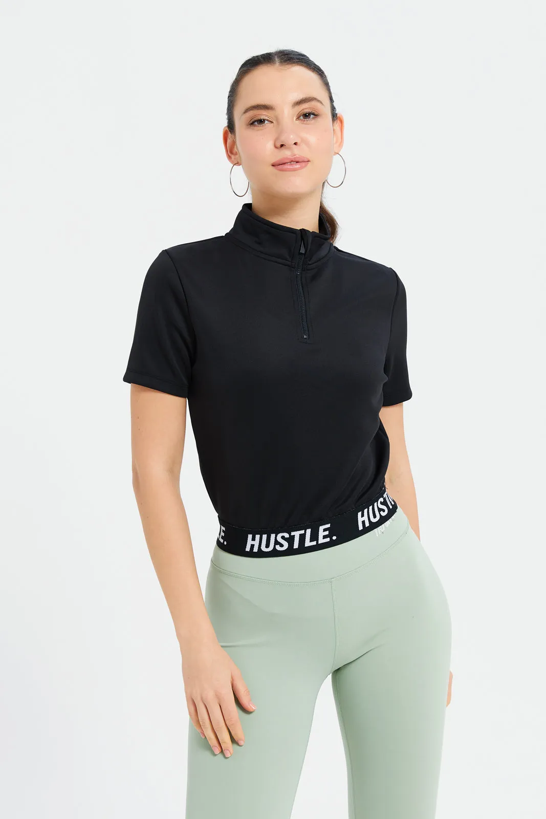 Women Black Active T-Shirt With Elastic Tape sold by Redtag