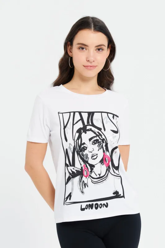 Women White Printed Embellished T-Shirt sold by Redtag