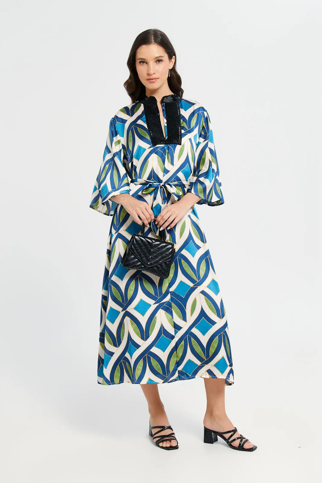 Women Blue Printed Belted Kaftan sold by Redtag product image thumbnail 4