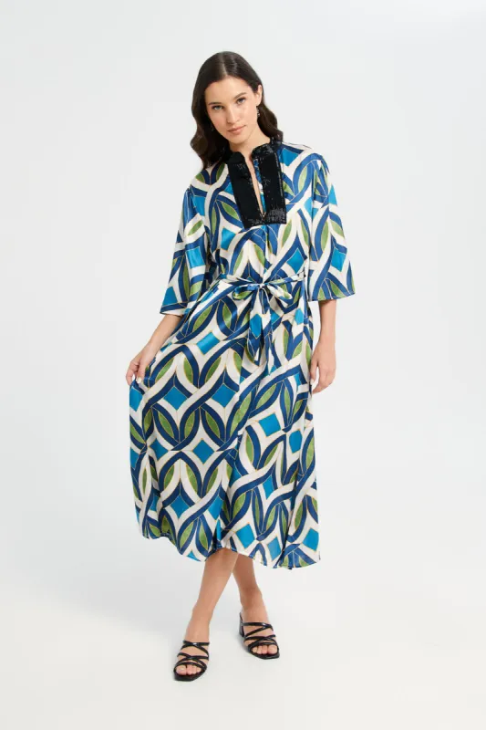Women Blue Printed Belted Kaftan sold by Redtag