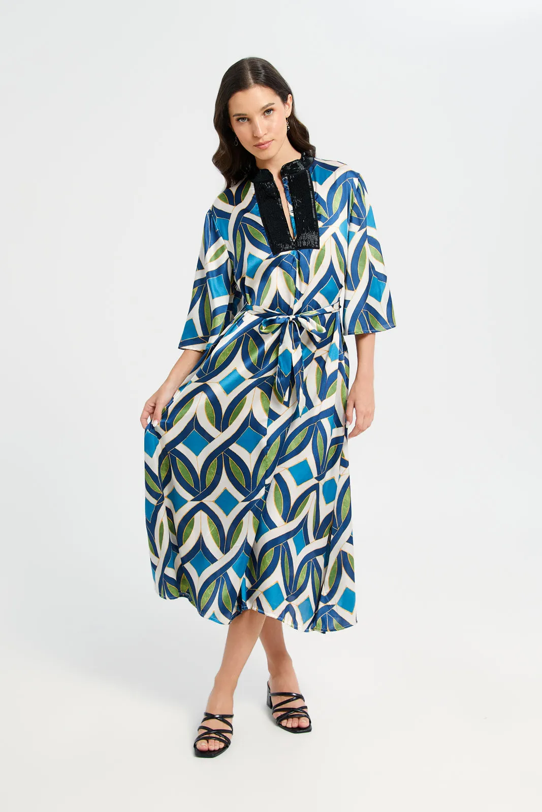 Women Blue Printed Belted Kaftan sold by Redtag