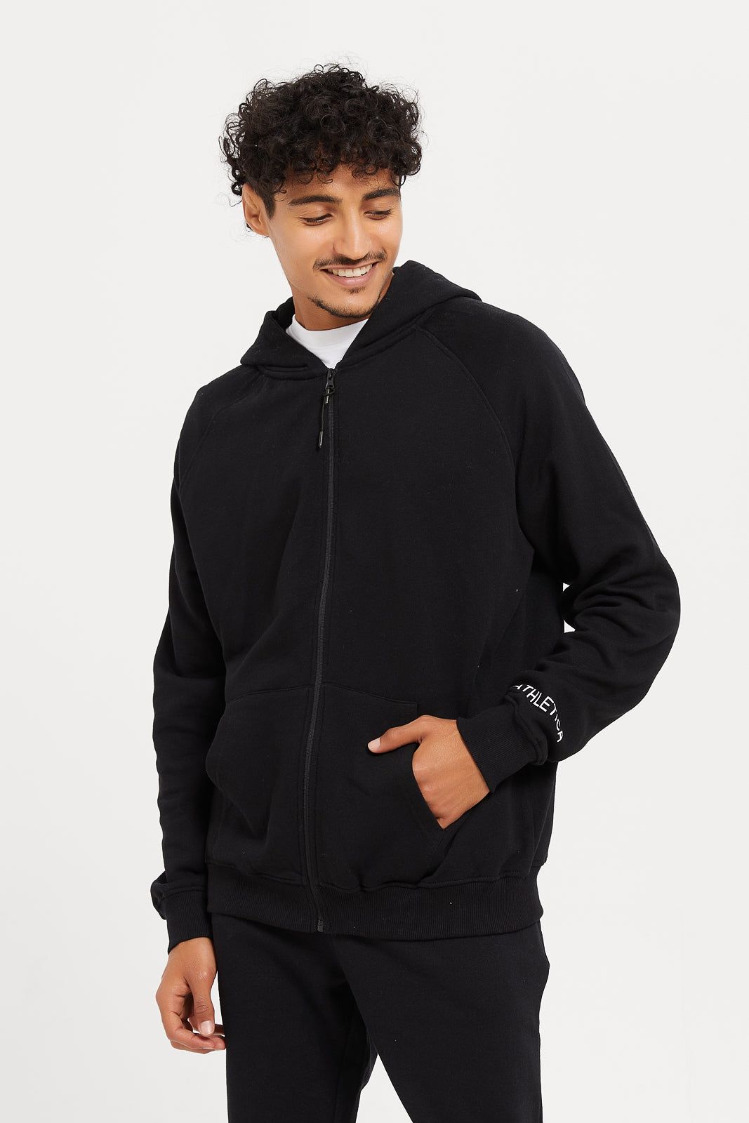 Men Black Plain Zip Through Hooded Sweatshirt sold by Redtag
