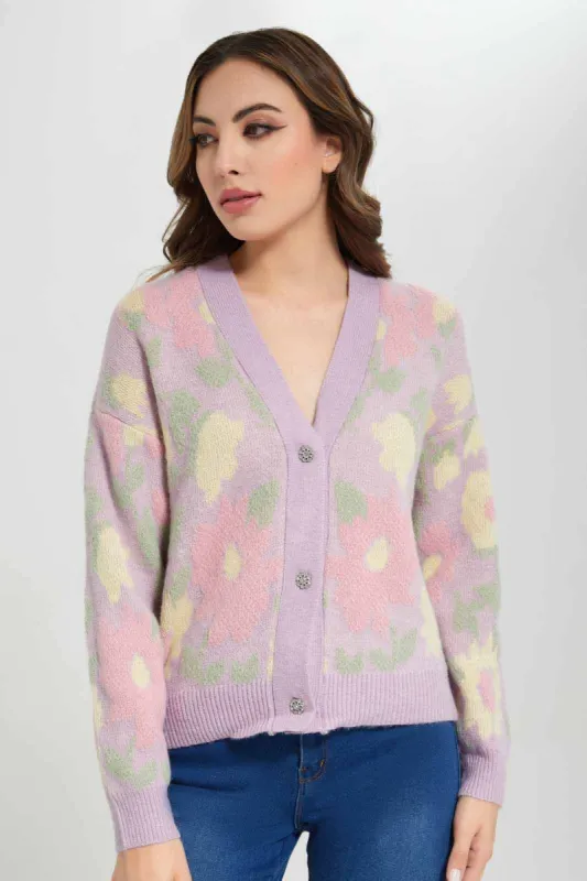 Women Purple Floral Knitted Cardigan sold by Redtag