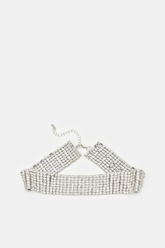 Women Silver Rhinestone Choker sold by Redtag