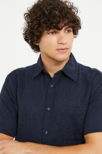 Men Navy Seersucker Short Sleeve Shirt sold by Redtag