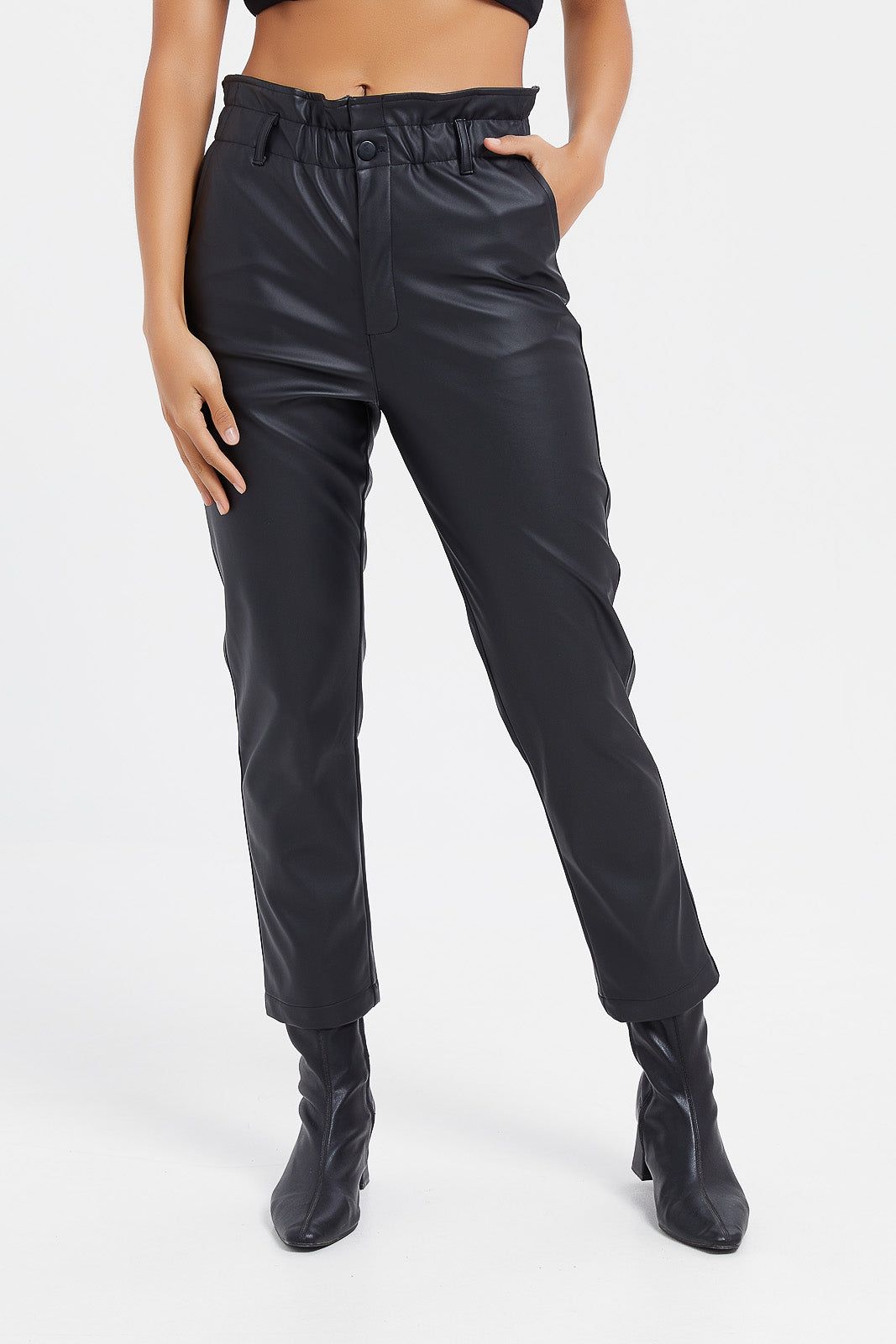 Women Black Pu Straight Trouser sold by Redtag