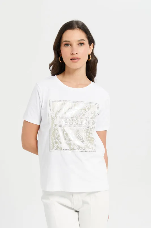 Women White Embellished T-Shirt sold by Redtag